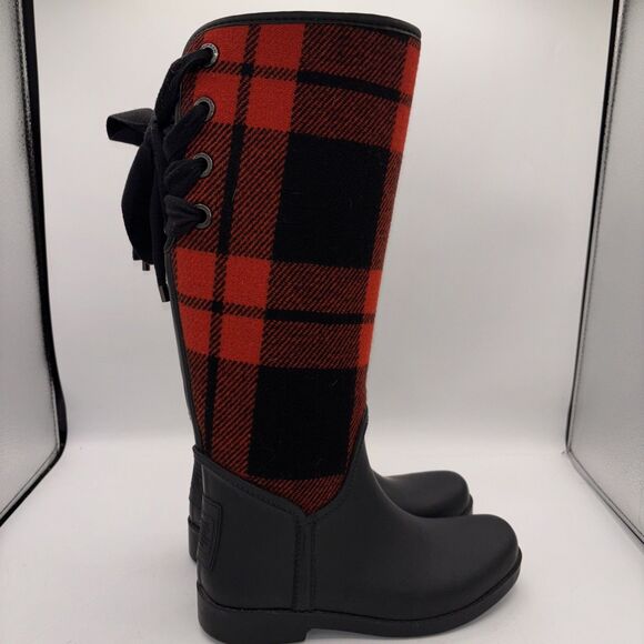 COACH Tristee Red Black Buffalo Plaid Fleece Lined Lace Up Rubber Rain Boots 6B - Picture 2 of 14